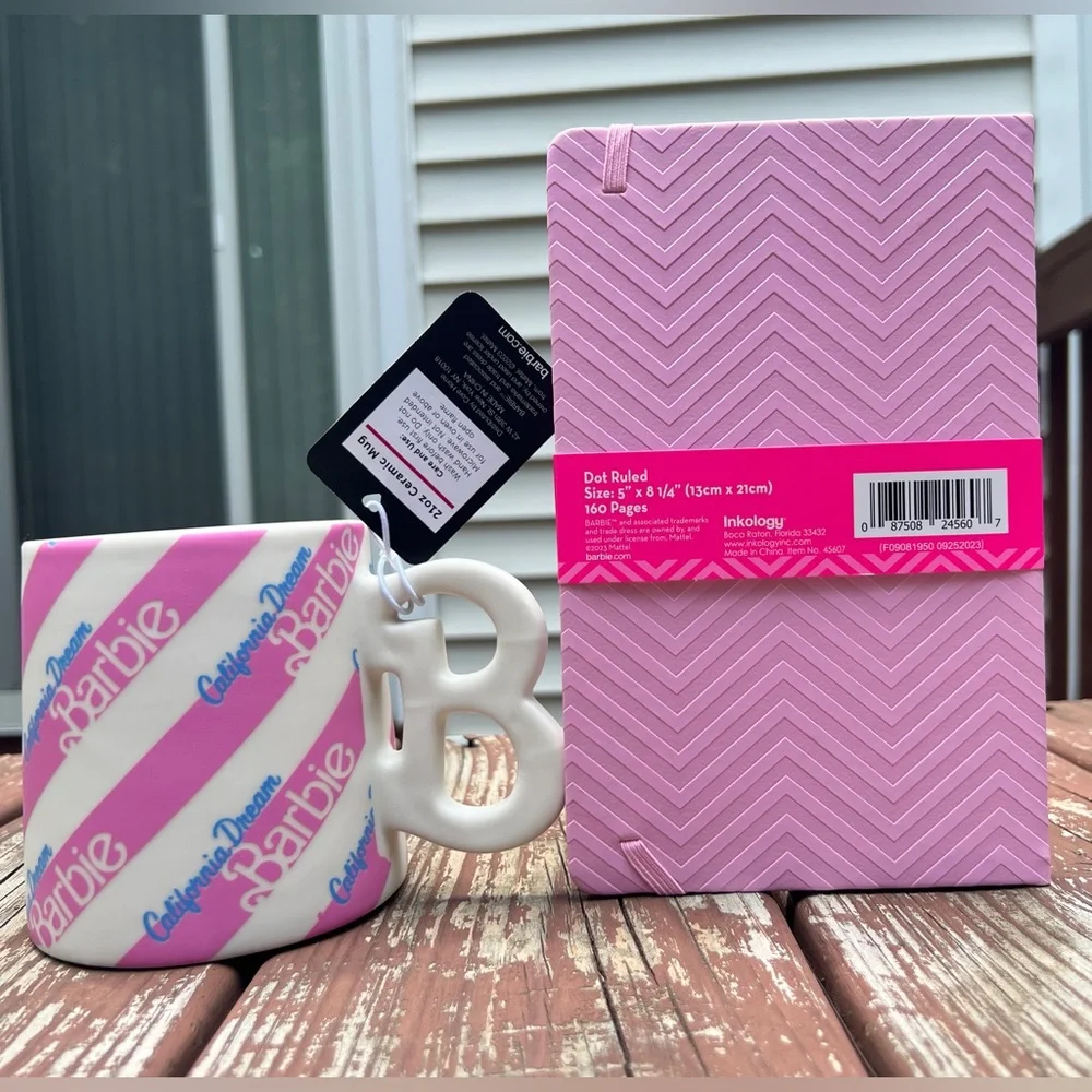 Barbie Pink Lot Mattel Collectors Cup Ceramic 2loz Mug, Vegan Leather Journal